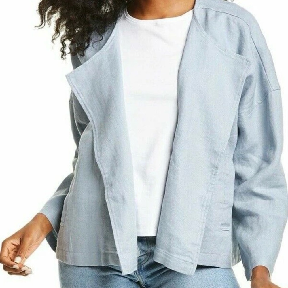 Eileen Fisher Dawn Double Breasted Jacket Light Blue 100% heavy organic linen